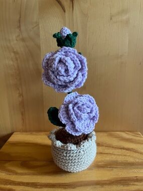 Handmade Lavender Crochet Rose Plant in Cream Pot
